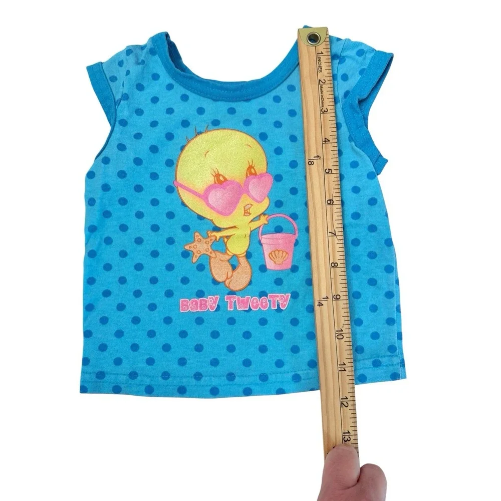 VTG Looney Tunes Baby Tweety Bird Blue Polka Dots Girls SZ 6-9 Mths‎